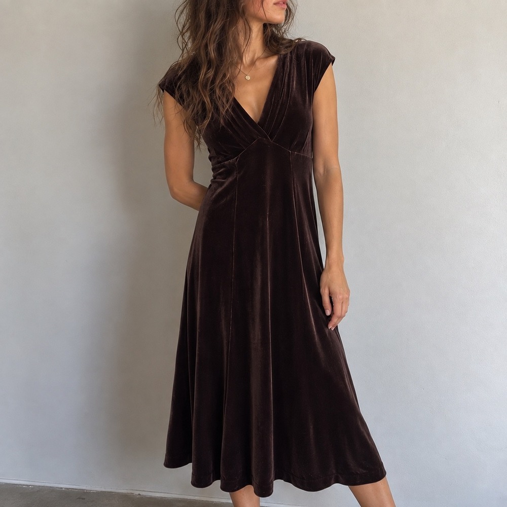 VTG Jones New York Brown Velvet V-Neck Midi Dress 6 Whimsigoth Y2K Fairycore